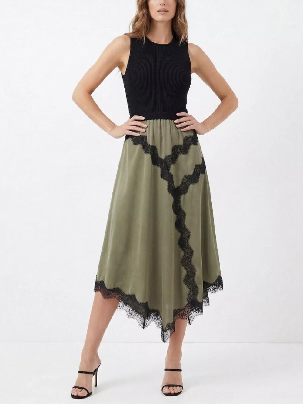 Taylor Twofer Sweater Dress Olive Green Black Lace Trim Asymmetric Hem Midi NWT